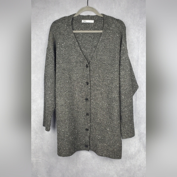 ZARA RIB TRIM KNIT WOOL CONTENT GREY CARDIGAN SIZE SMALL - Picture 1 of 8